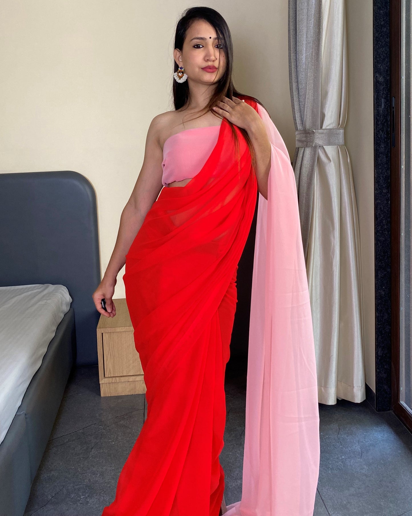 Alia Bhatt Red And Baby Pink  Printed Ready to Wear Bollywood Saree