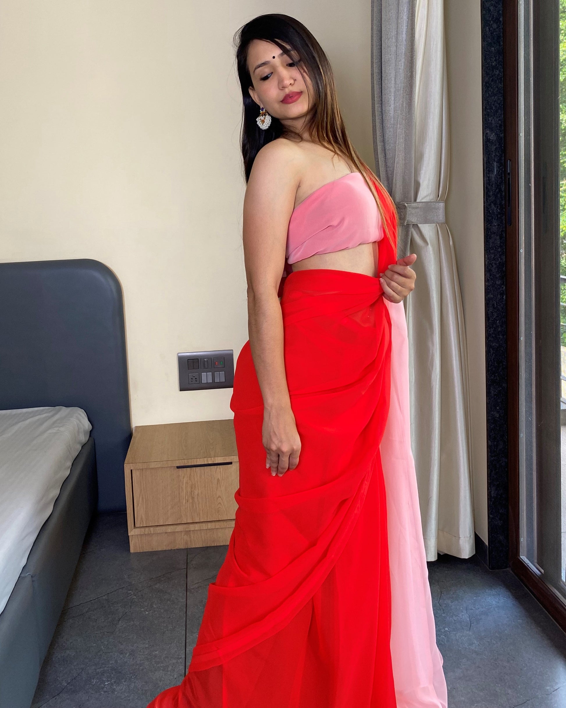 Alia Bhatt Red And Baby Pink  Printed Ready to Wear Bollywood Saree