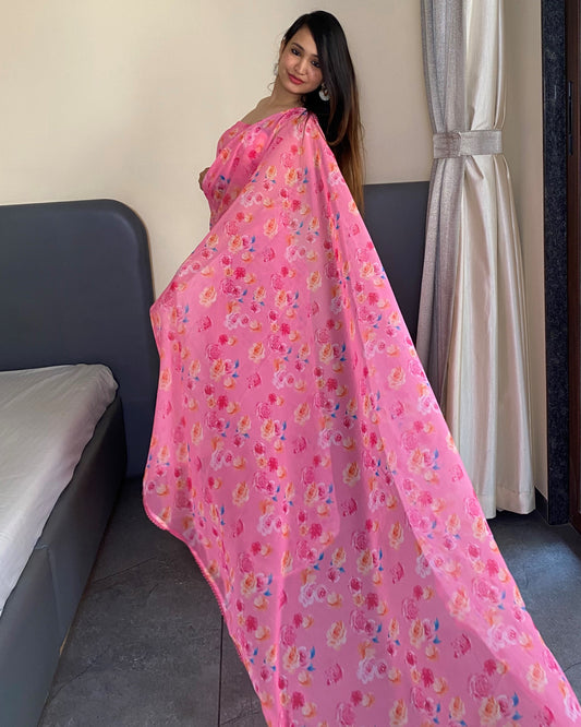 1 Min Ready to Wear Rose Printed Saree