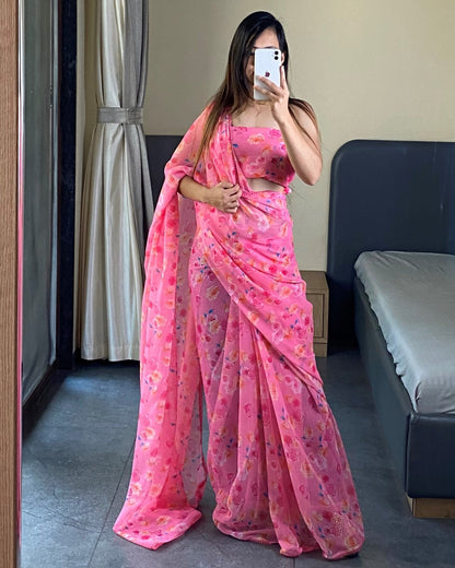 1 Min Ready to Wear Rose Printed Saree