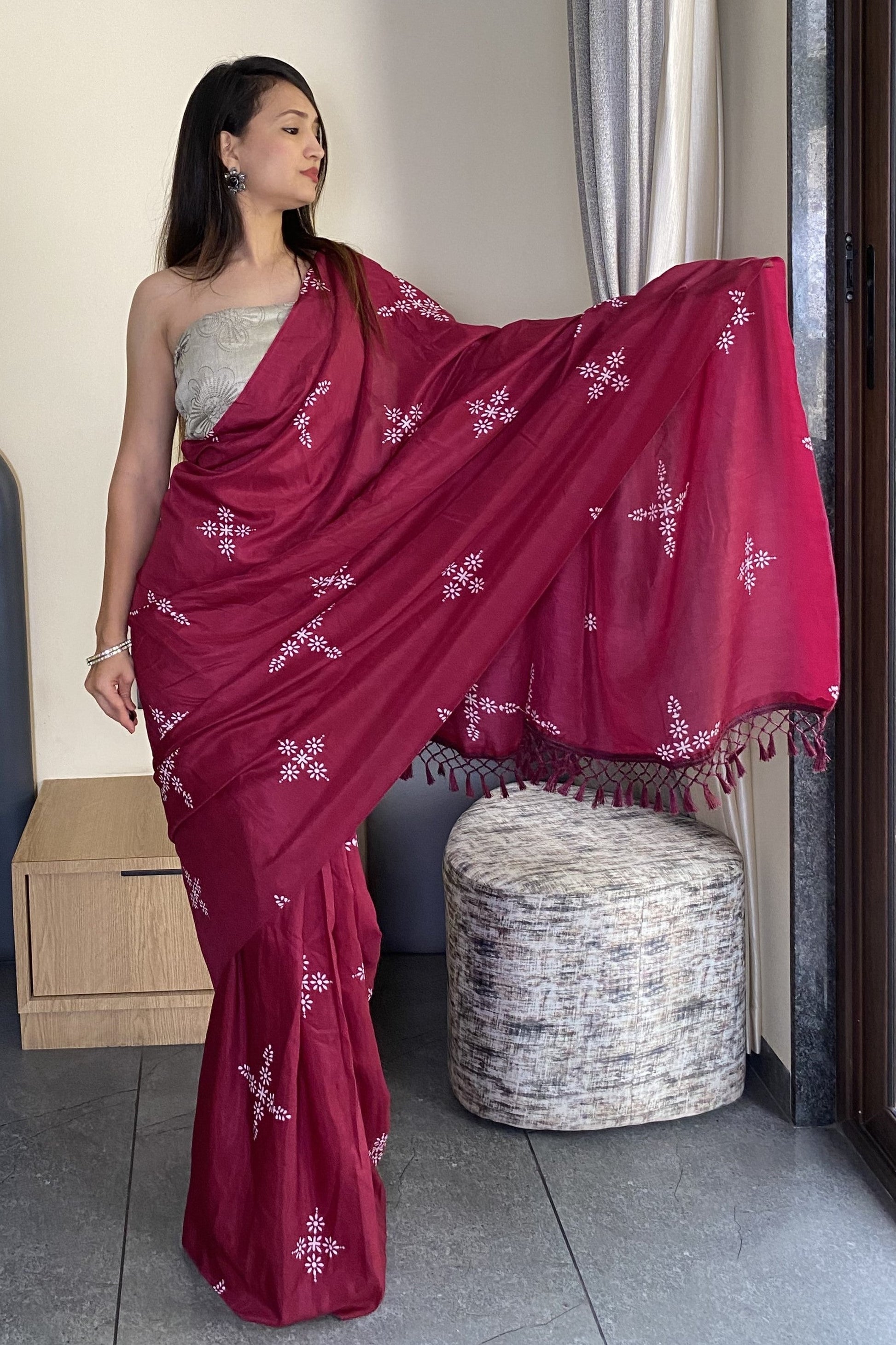 Adorable Wine Color Latest Cotton Saree
