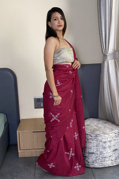 Adorable Wine Color Latest Cotton Saree