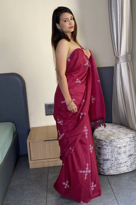 Adorable Wine Color Latest Cotton Saree