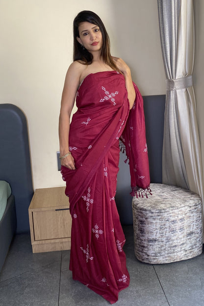 Adorable Wine Color Latest Cotton Saree