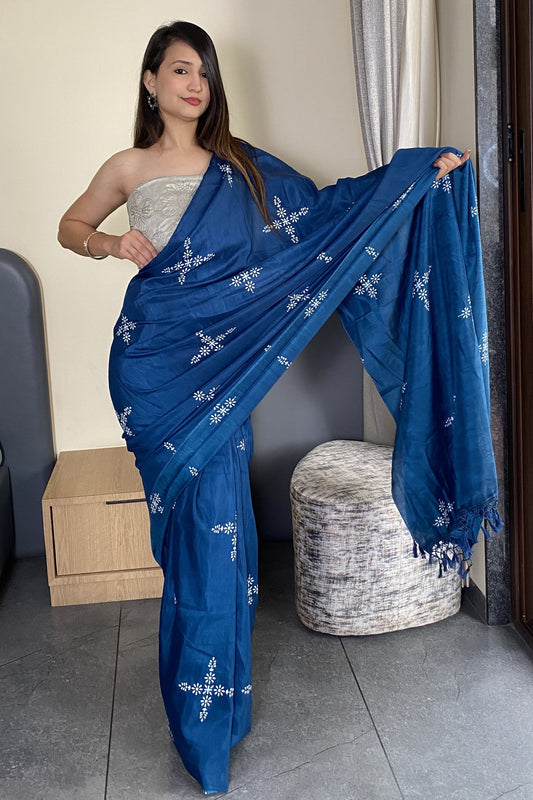 Adorable Blue Color Latest Cotton Saree