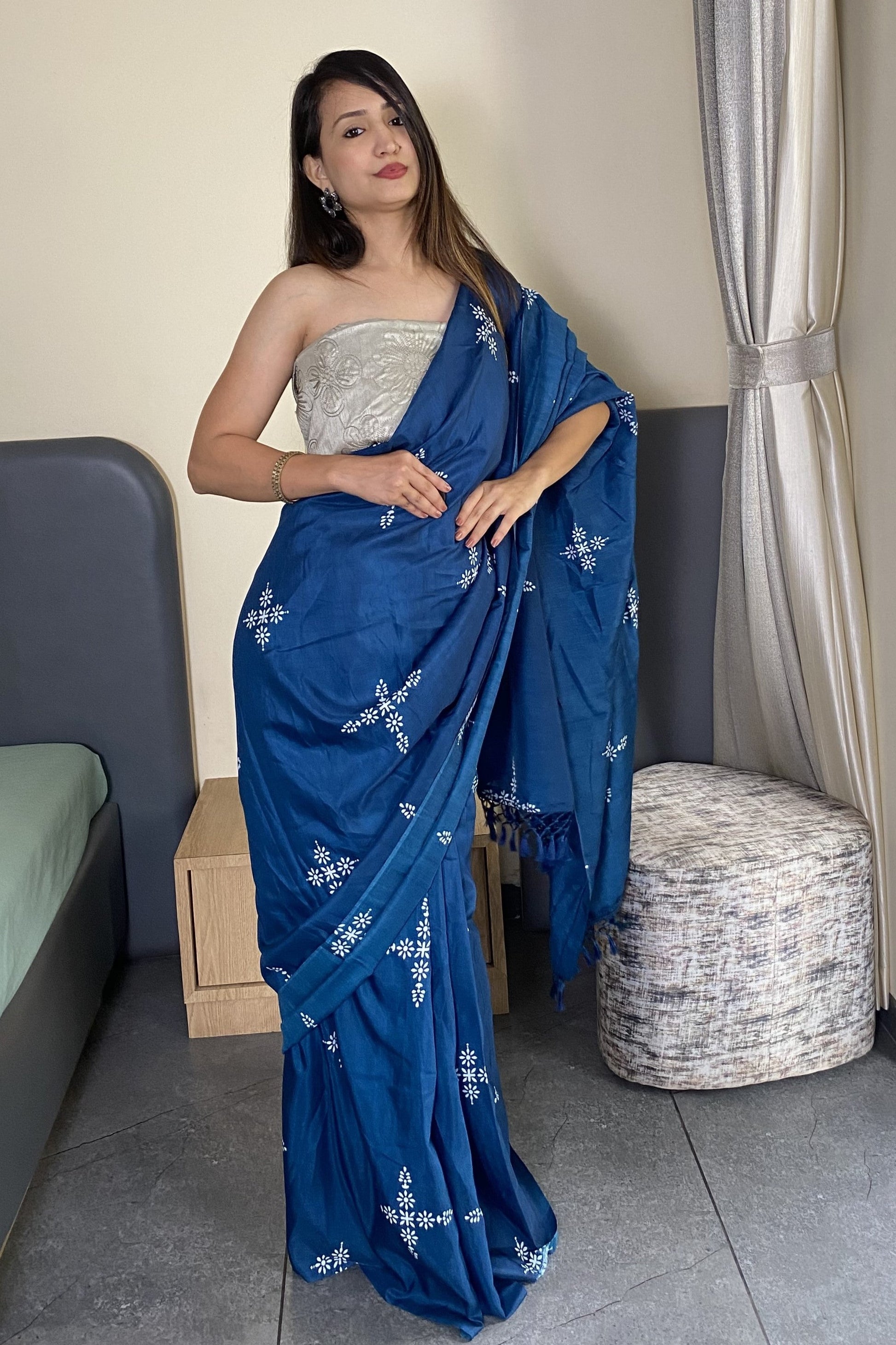 Adorable Blue Color Latest Cotton Saree