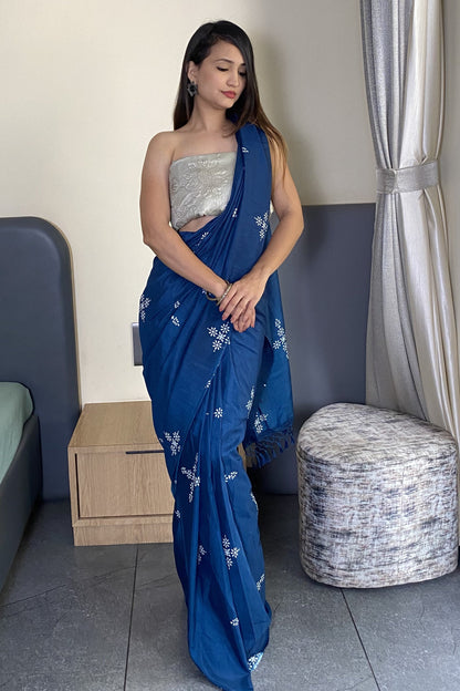 Adorable Blue Color Latest Cotton Saree