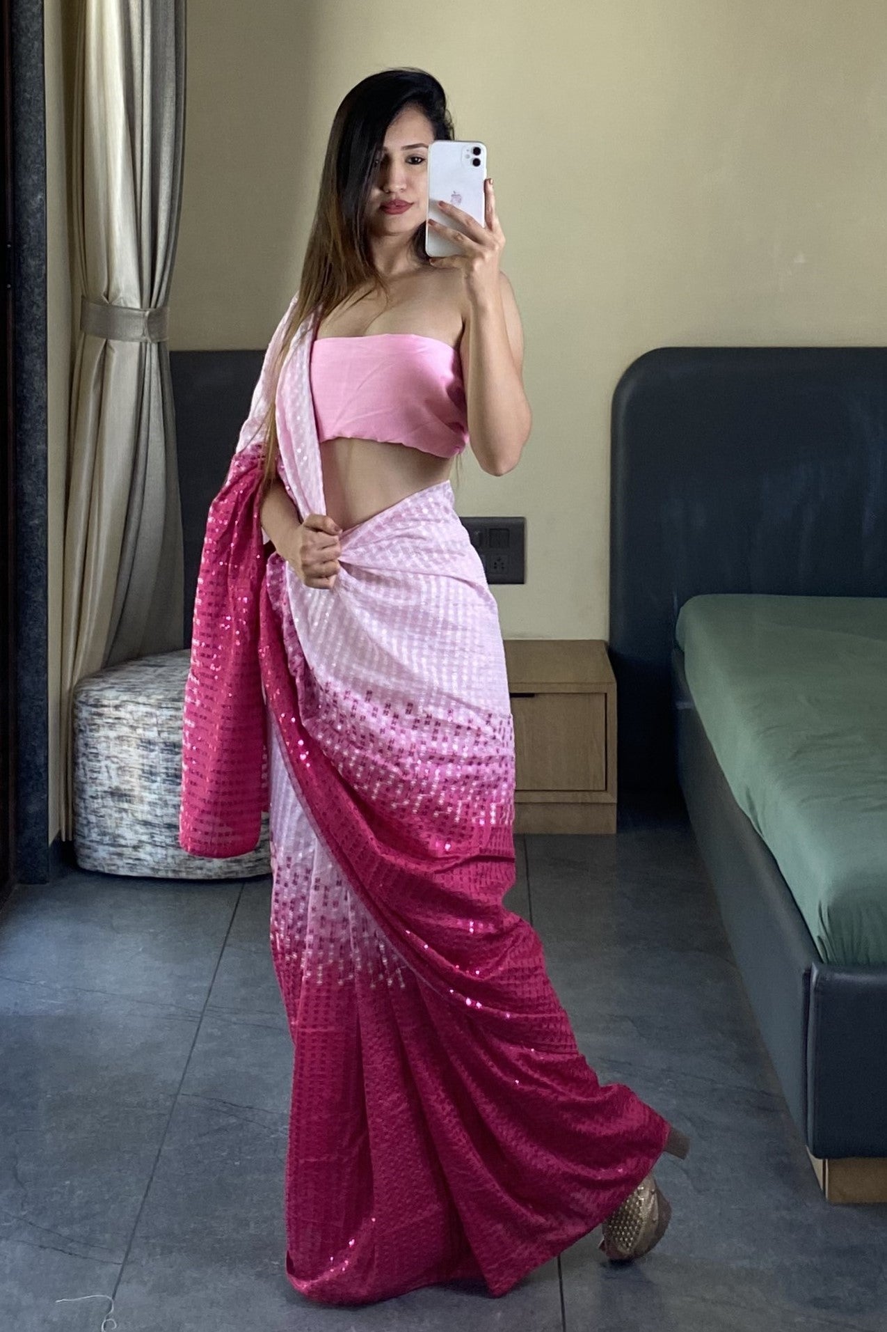 Pink Color Sequence Work Georgette Party Wear Saree