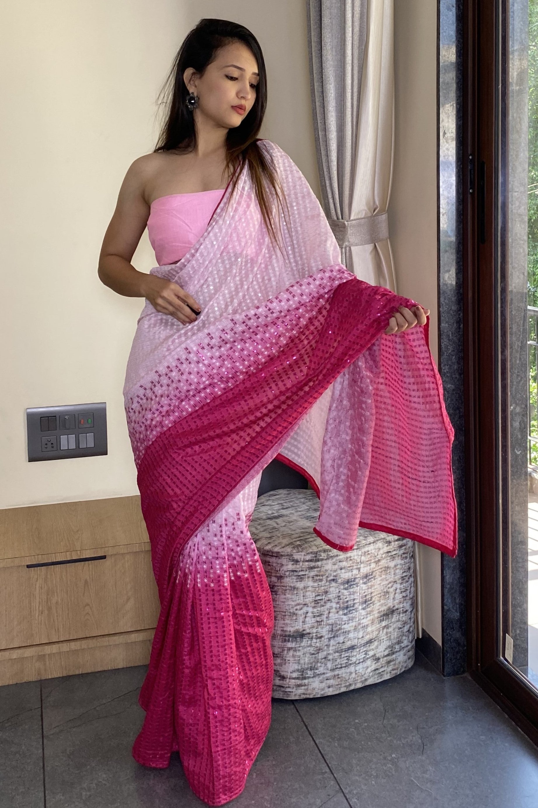 Pink Color Sequence Work Georgette Party Wear Saree