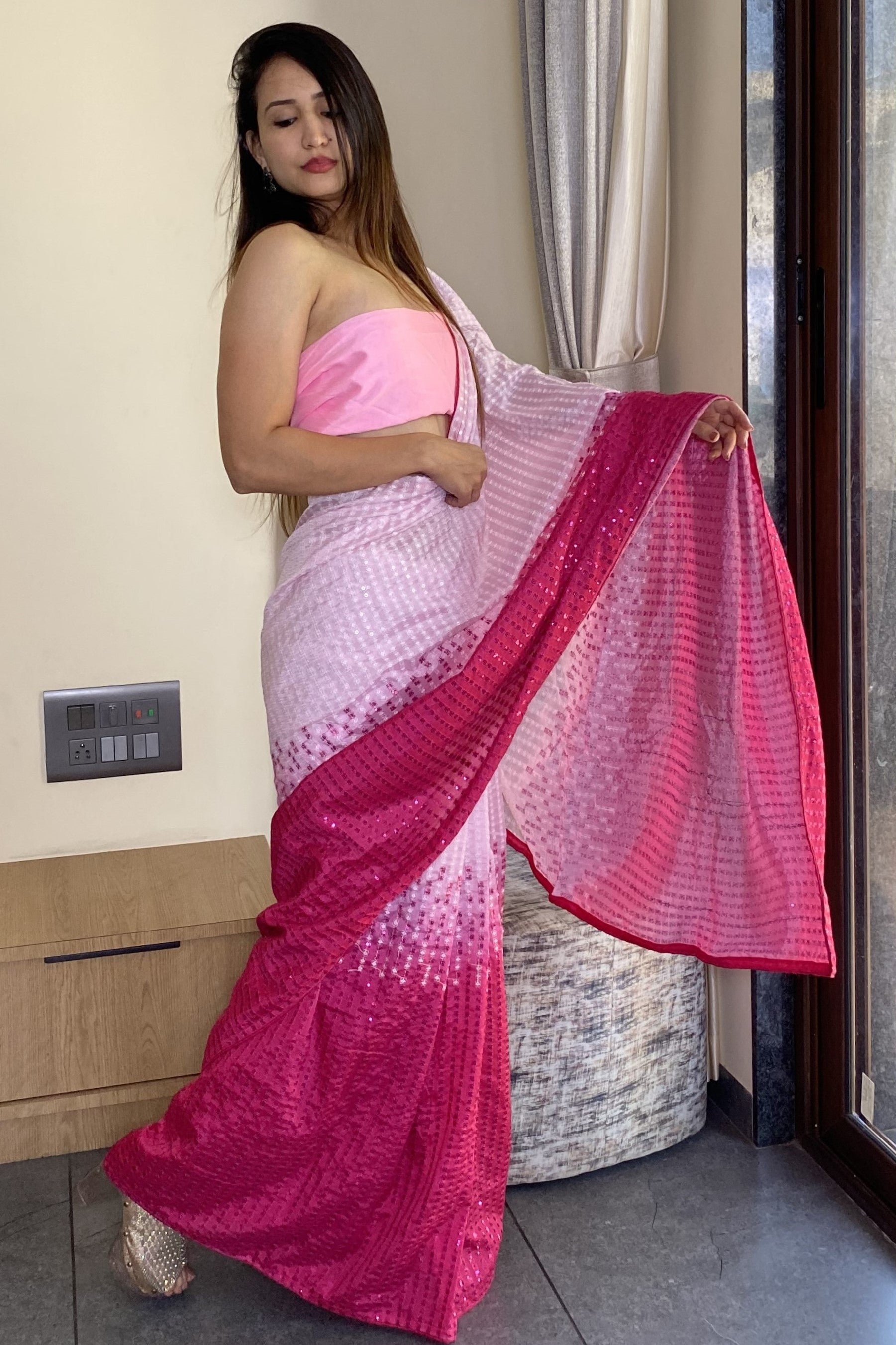 Pink Color Sequence Work Georgette Party Wear Saree