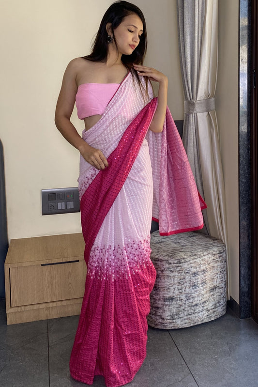 Pink Color Sequence Work Georgette Party Wear Saree