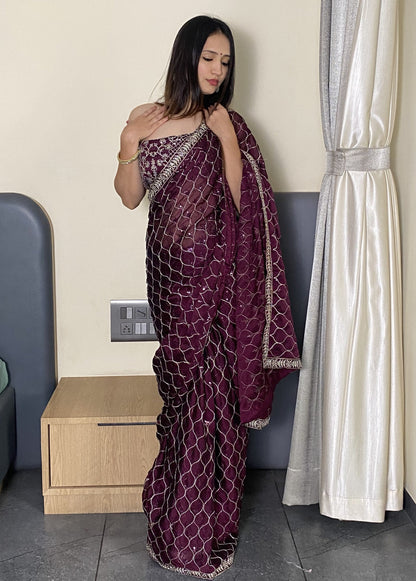 Wine Elegance Trending Party Wear Saree