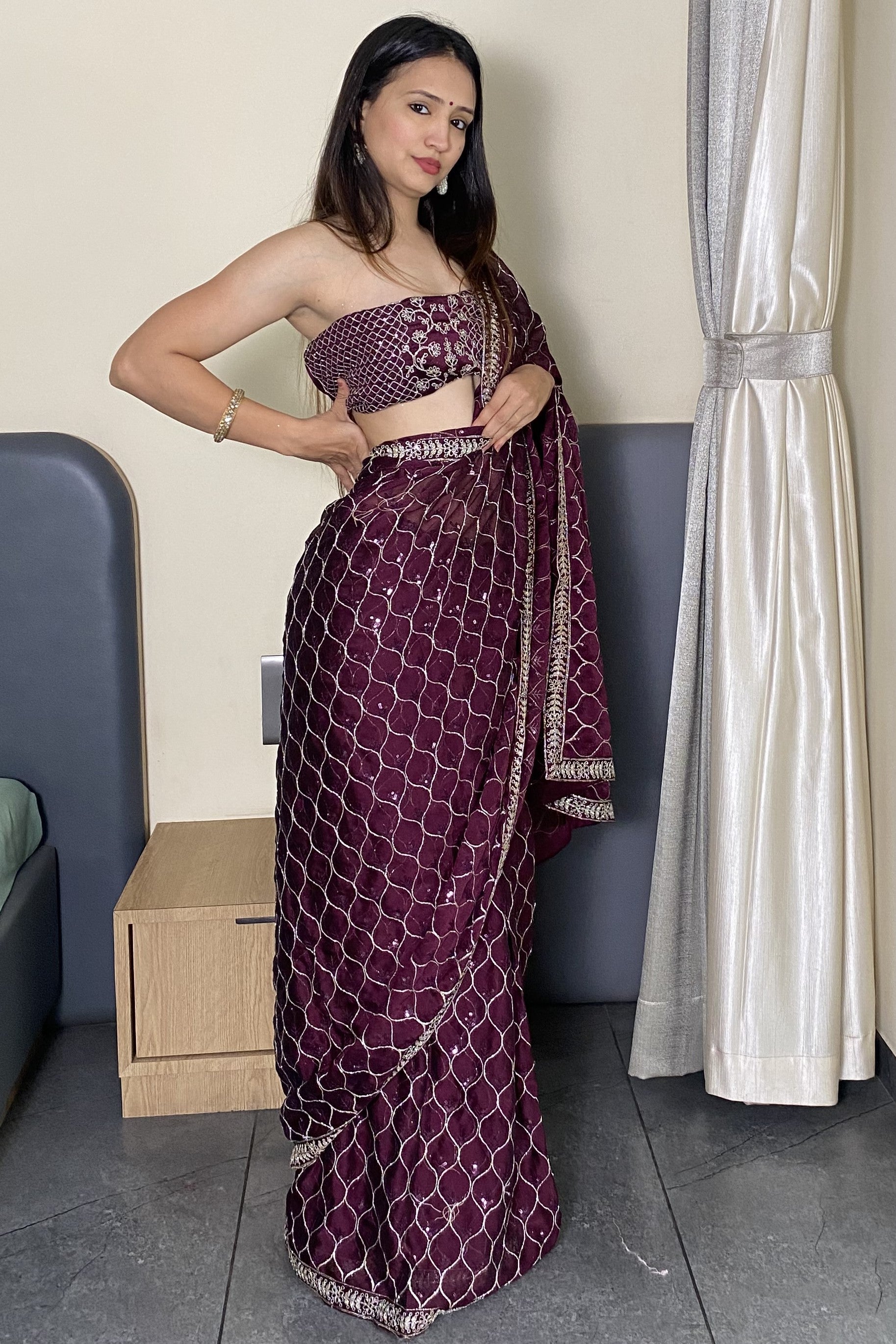 Wine Elegance Trending Party Wear Saree