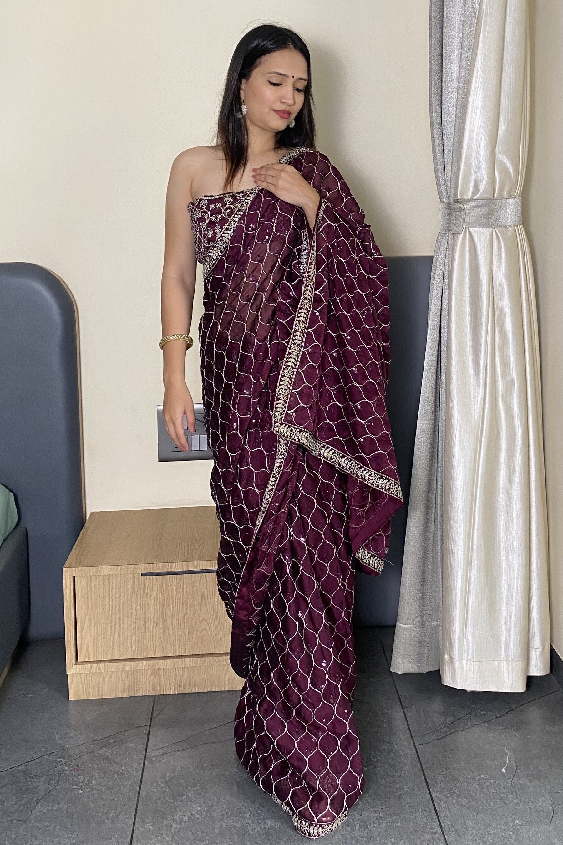 Wine Elegance Trending Party Wear Saree