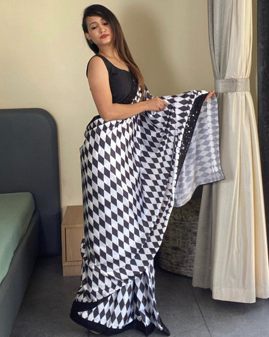 Black And White Geometric Print Party Wear Saree